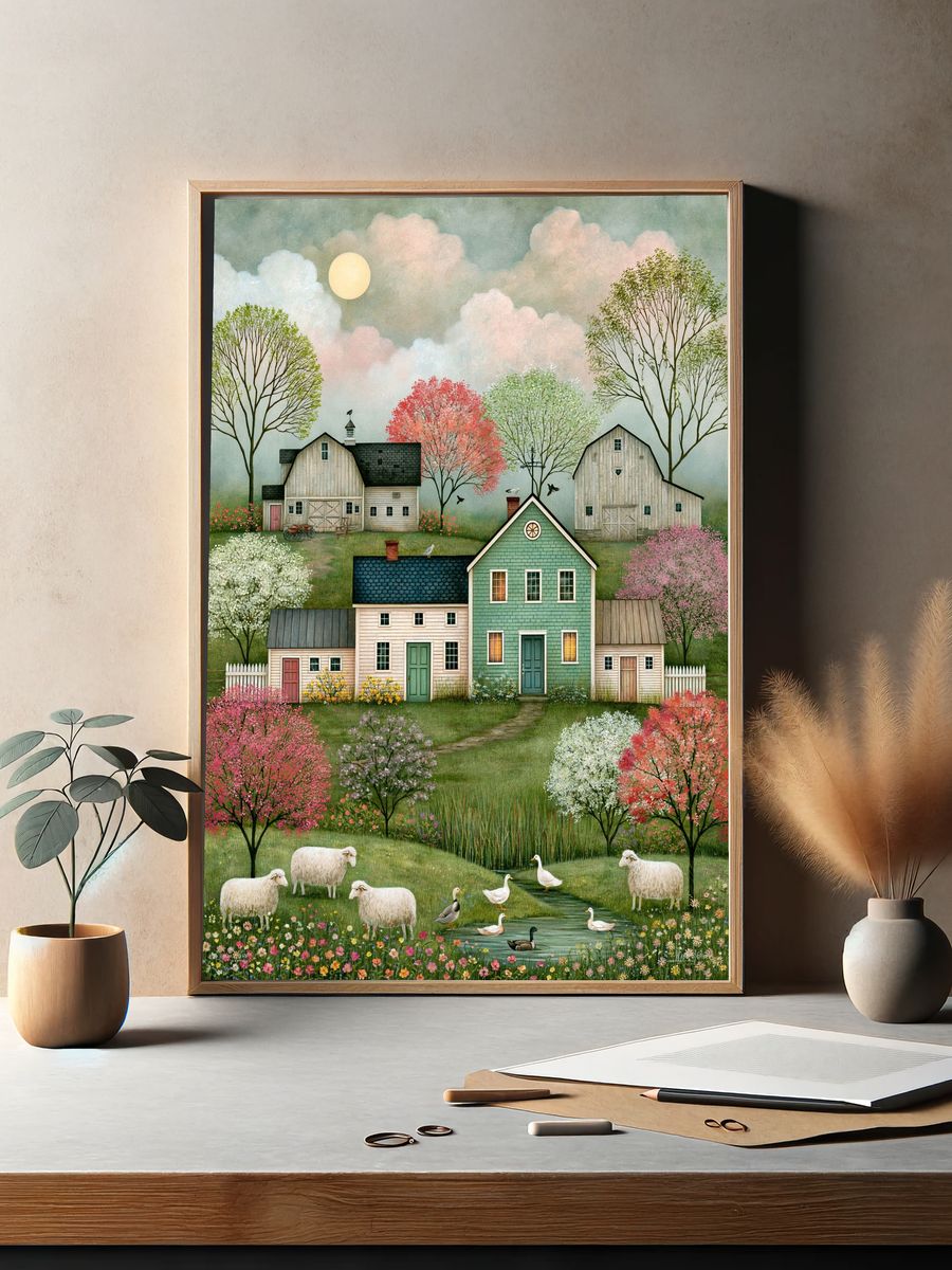 Pastoral Farmhouse Landscape Print. — room view 2