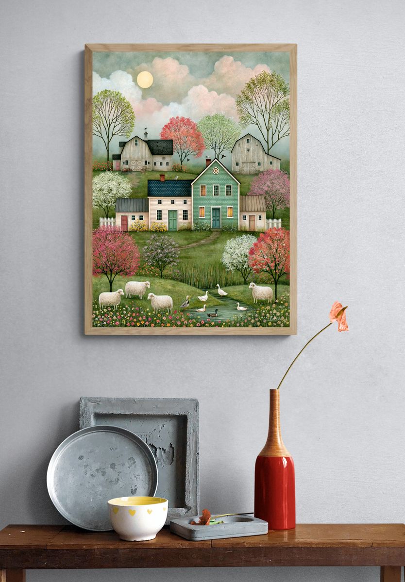 Pastoral Farmhouse Landscape Print. — room view 3