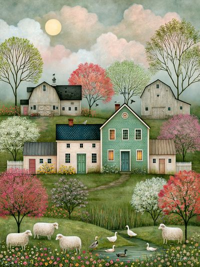 Pastoral Farmhouse Landscape Print. poster