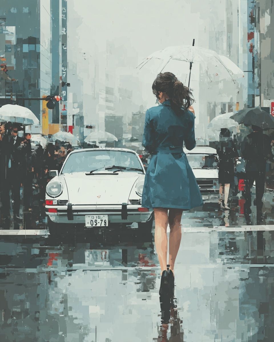 Rainy City Crossing Illustration Print. poster detail