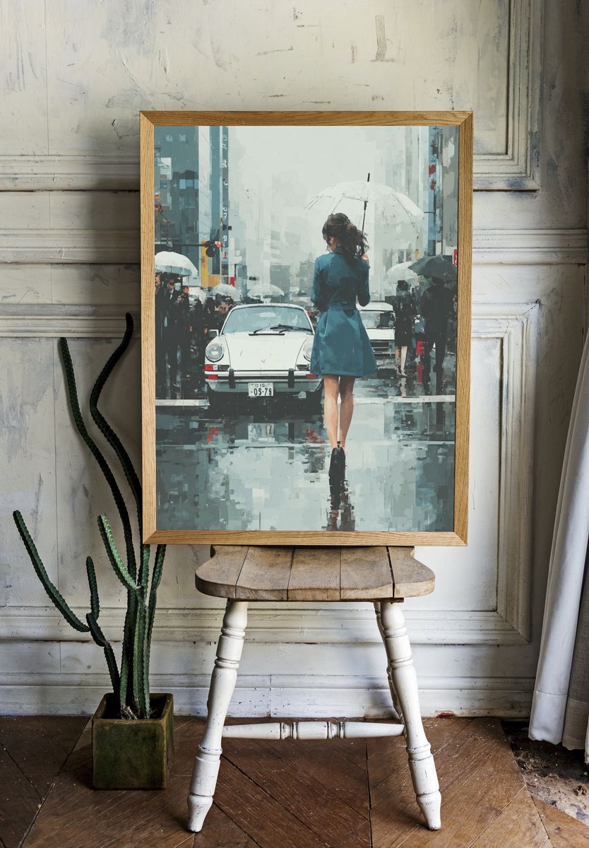 Rainy City Crossing Illustration Print room preview
