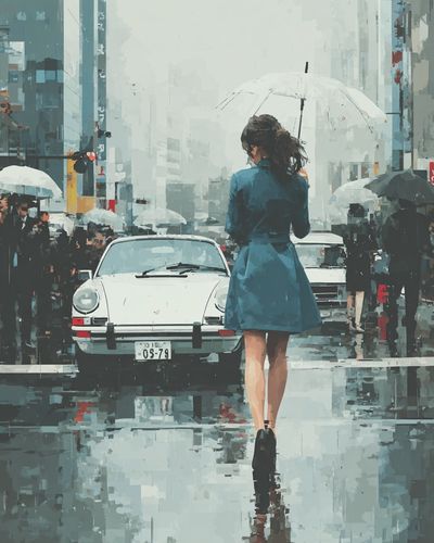 Rainy City Crossing Illustration Print. poster print