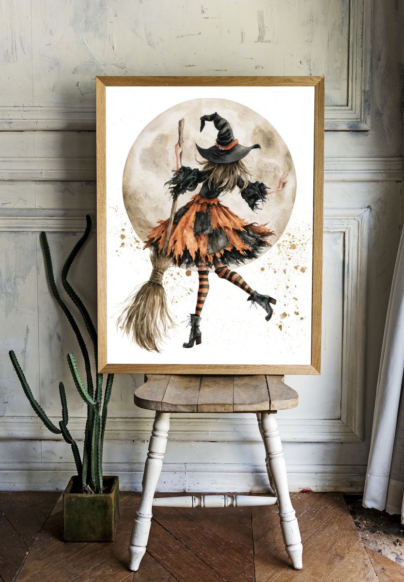 Witch on Broom Watercolor Poster. room preview