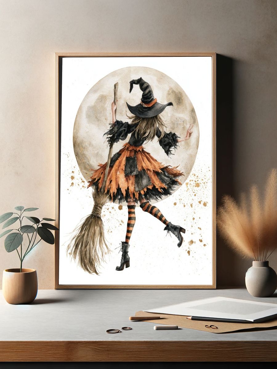 Witch on Broom Watercolor Poster. — room view 2