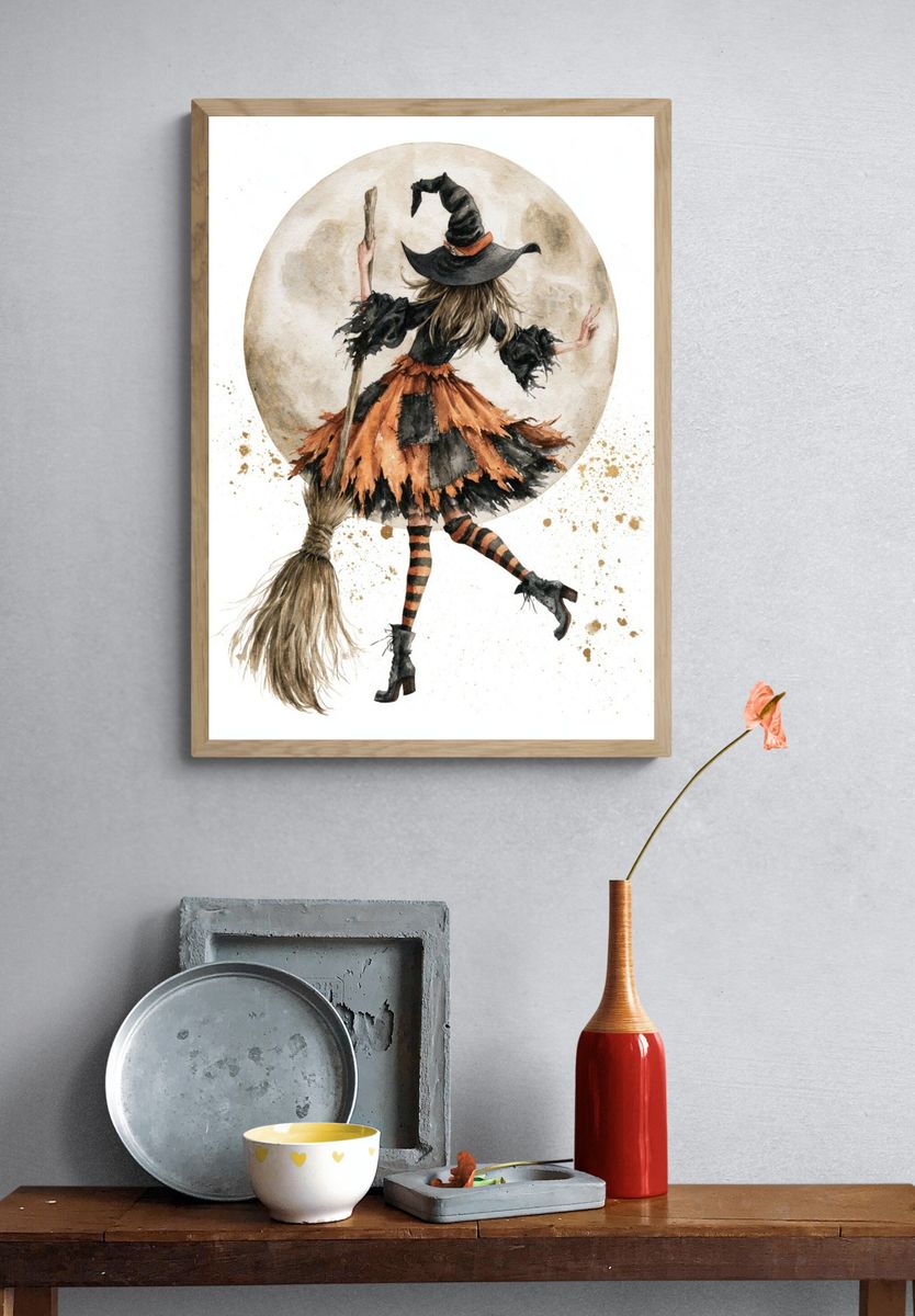 Witch on Broom Watercolor Poster. — room view 3