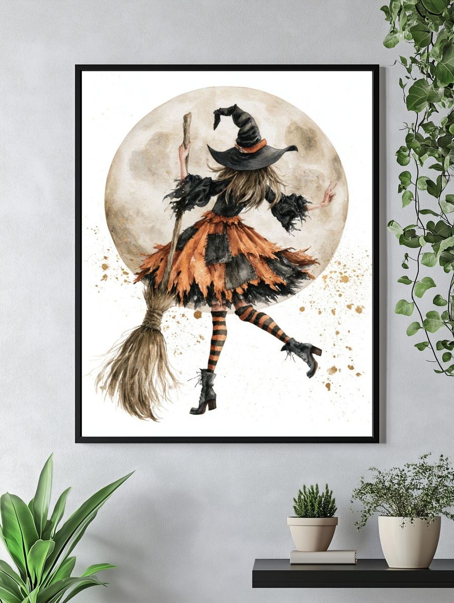 Witch on Broom Watercolor Poster. — room view 4