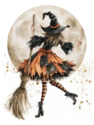 Witch on Broom Watercolor Poster.