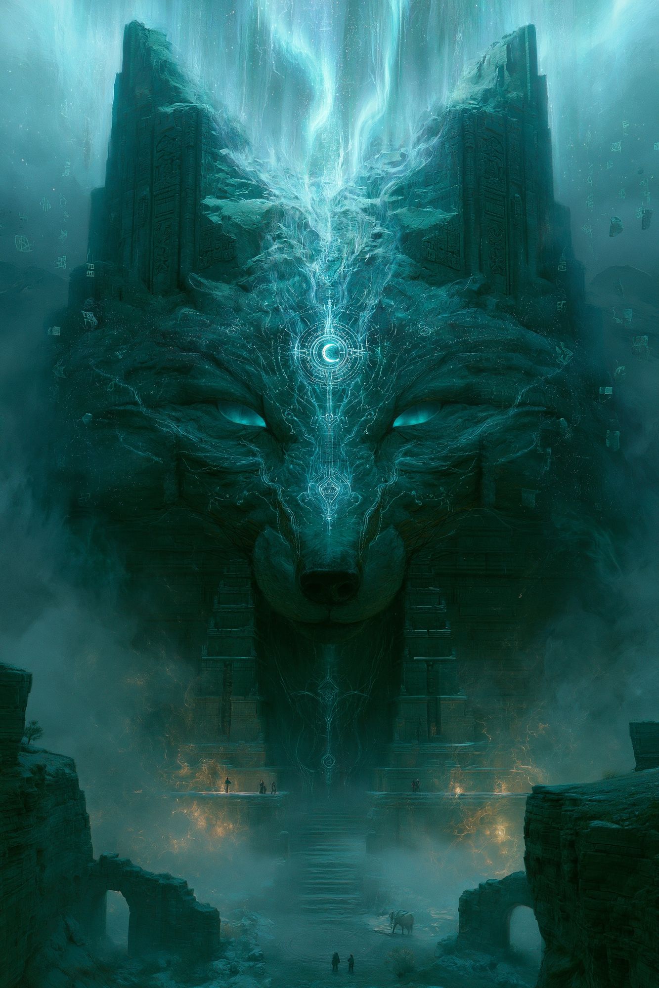 Mystic Wolf Temple Digital Art Poster. poster detail