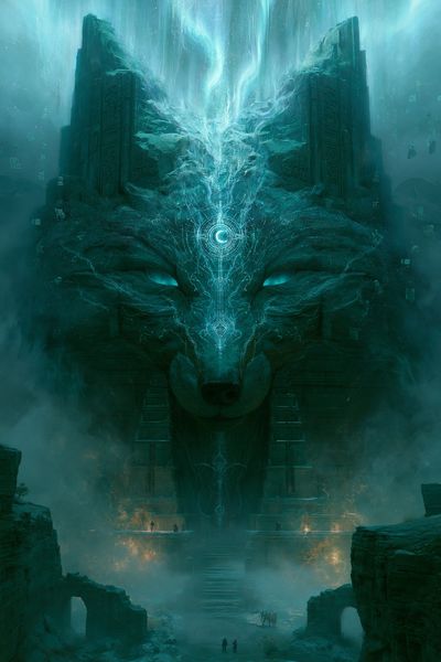 Mystic Wolf Temple Digital Art Poster. poster
