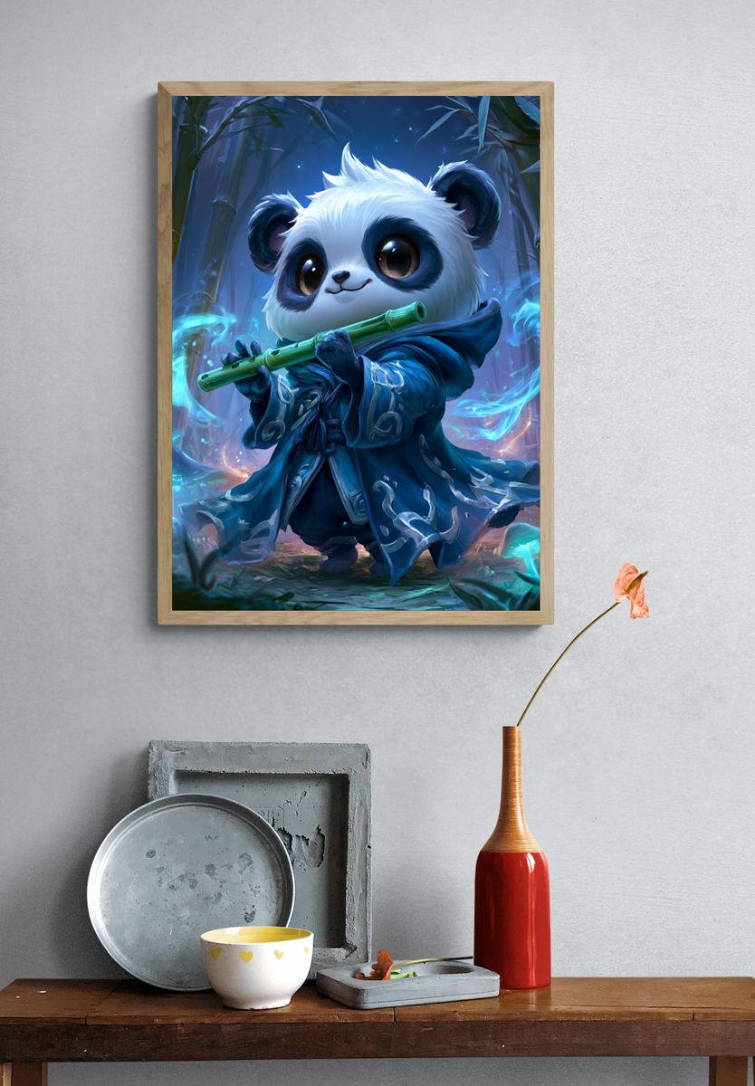 Panda Flute Fantasy Illustration Poster. — room view 3