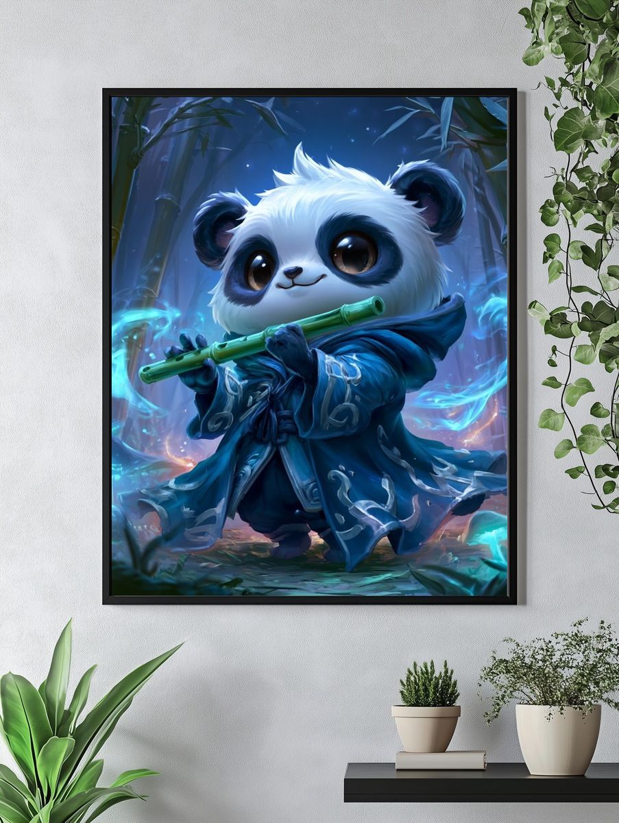 Panda Flute Fantasy Illustration Poster. — room view 4