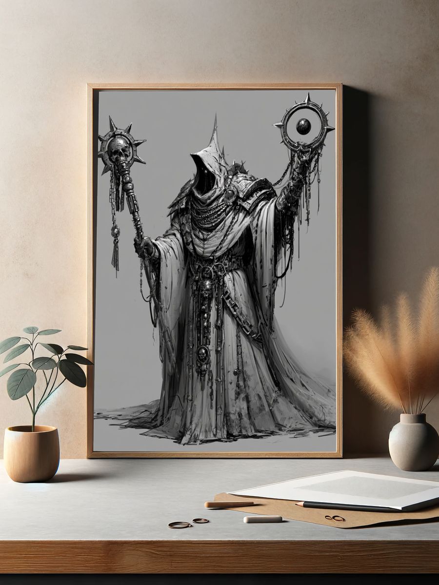 Dark Hooded Sorcerer Illustration Poster. — room view 2