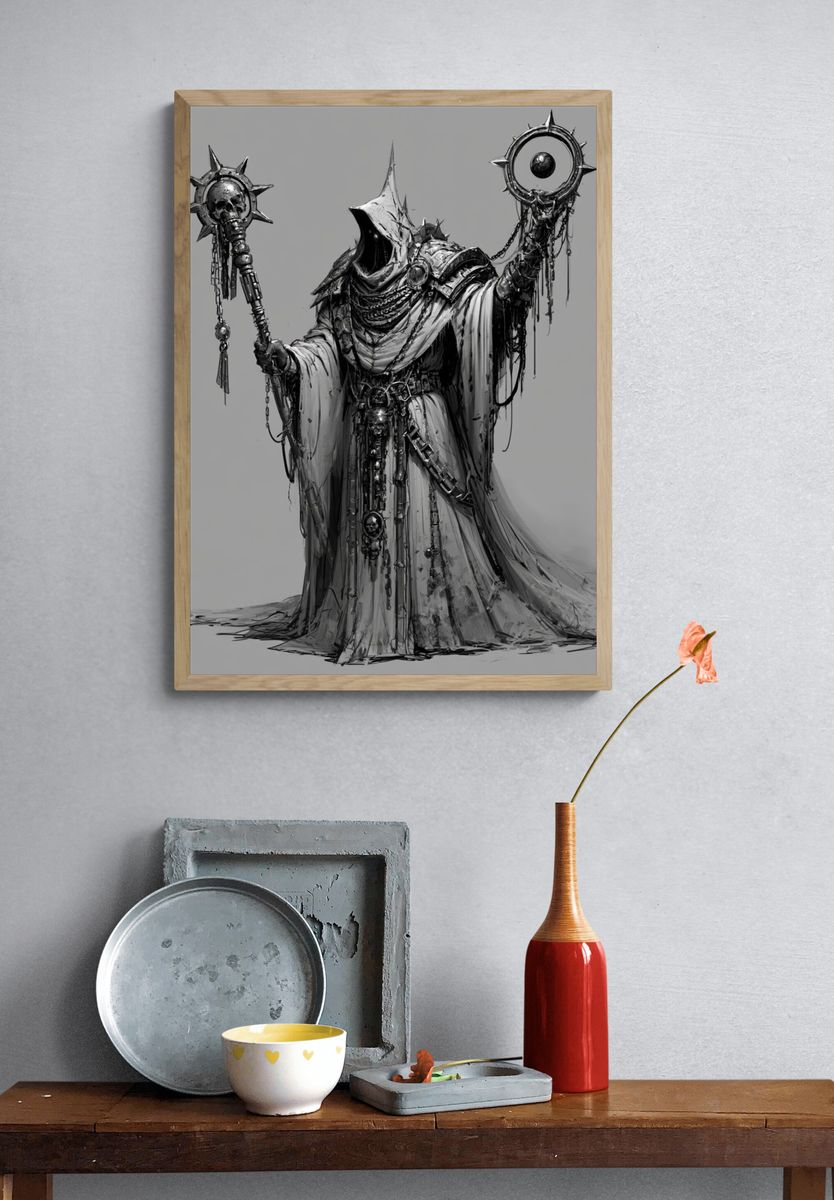 Dark Hooded Sorcerer Illustration Poster. — room view 3