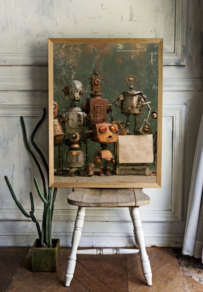 Retro Robot Classroom Illustration Poster. — room view 1