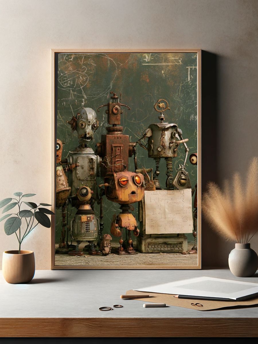 Retro Robot Classroom Illustration Poster. — room view 2