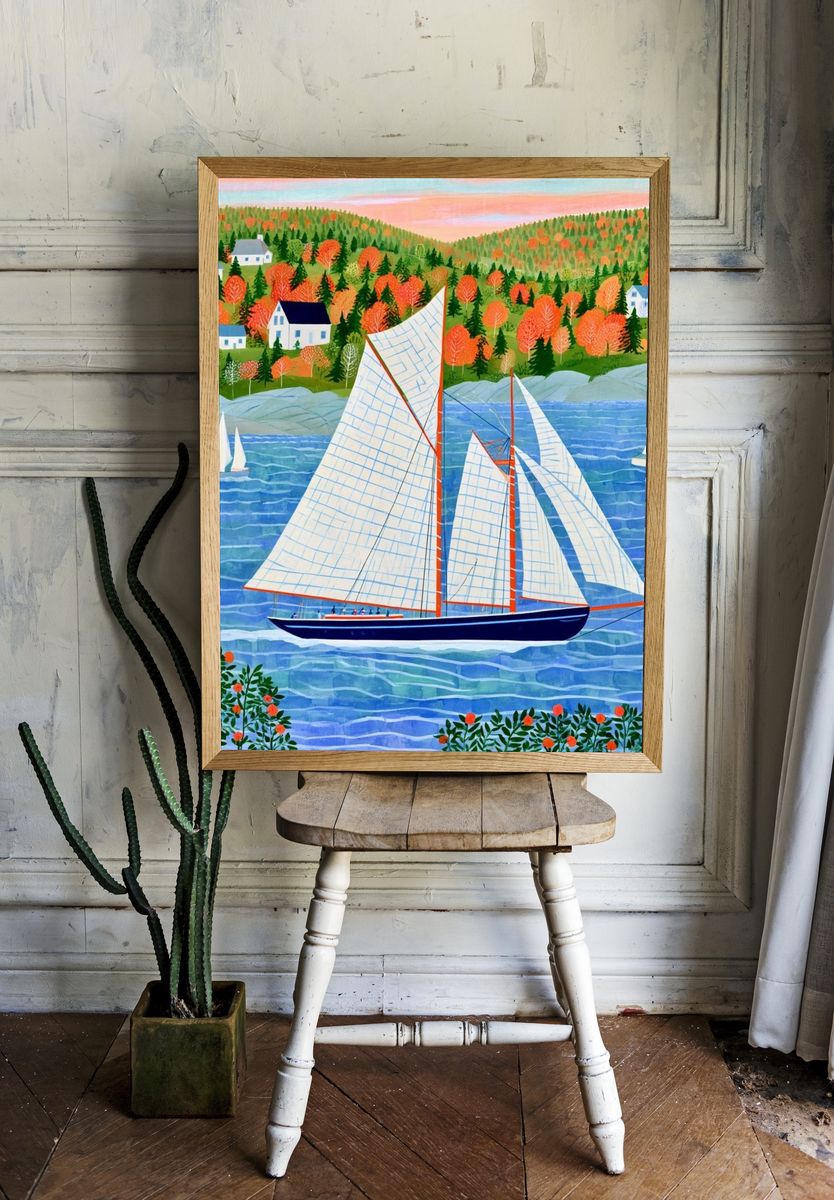 Autumn Sailboat Harbor Illustration Poster. — room view 1