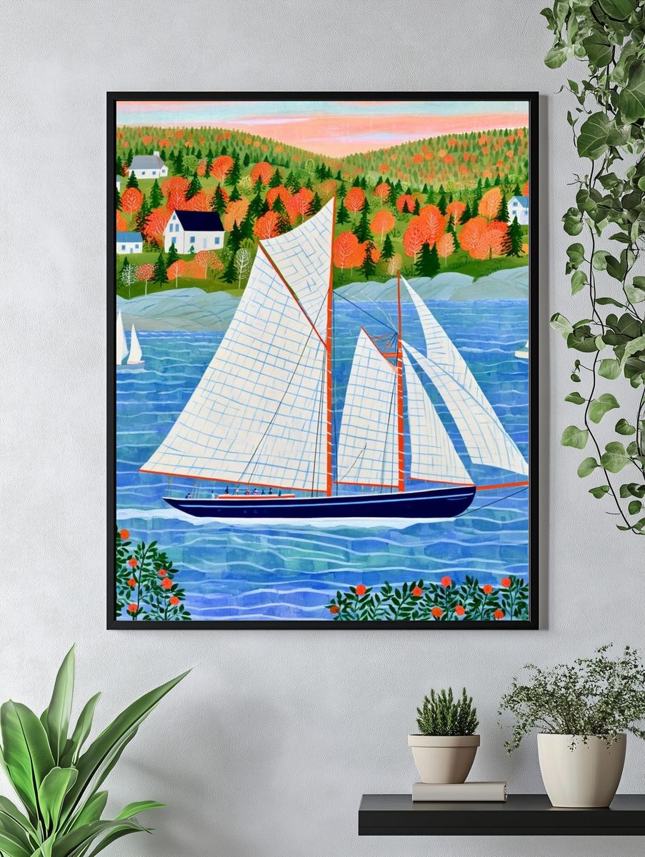 Autumn Sailboat Harbor Illustration Poster. — room view 4
