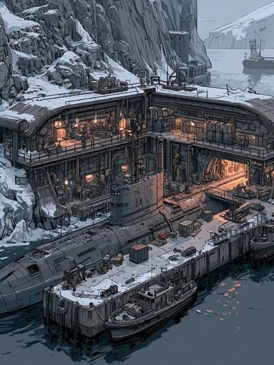 Arctic Submarine Base Illustration Poster. poster print