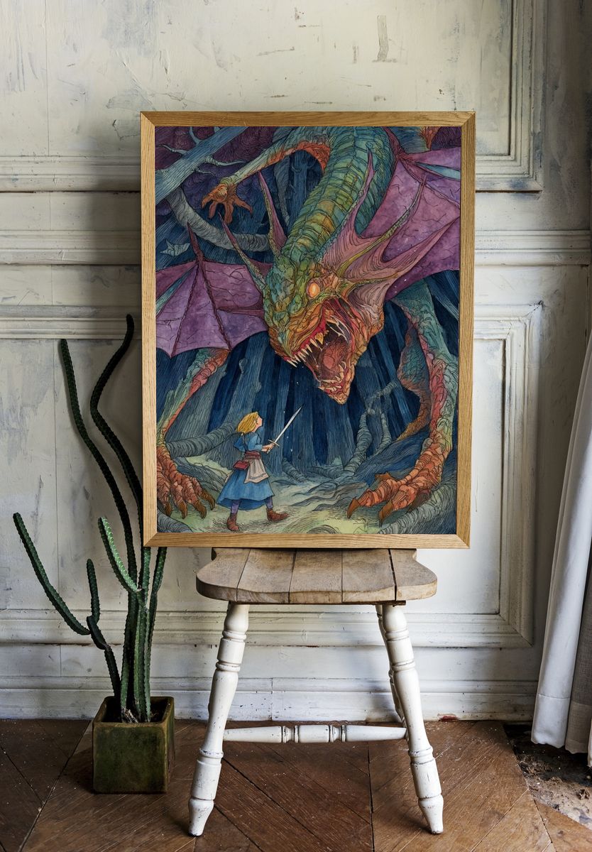 Alice and the Dragon Illustration Poster. room preview