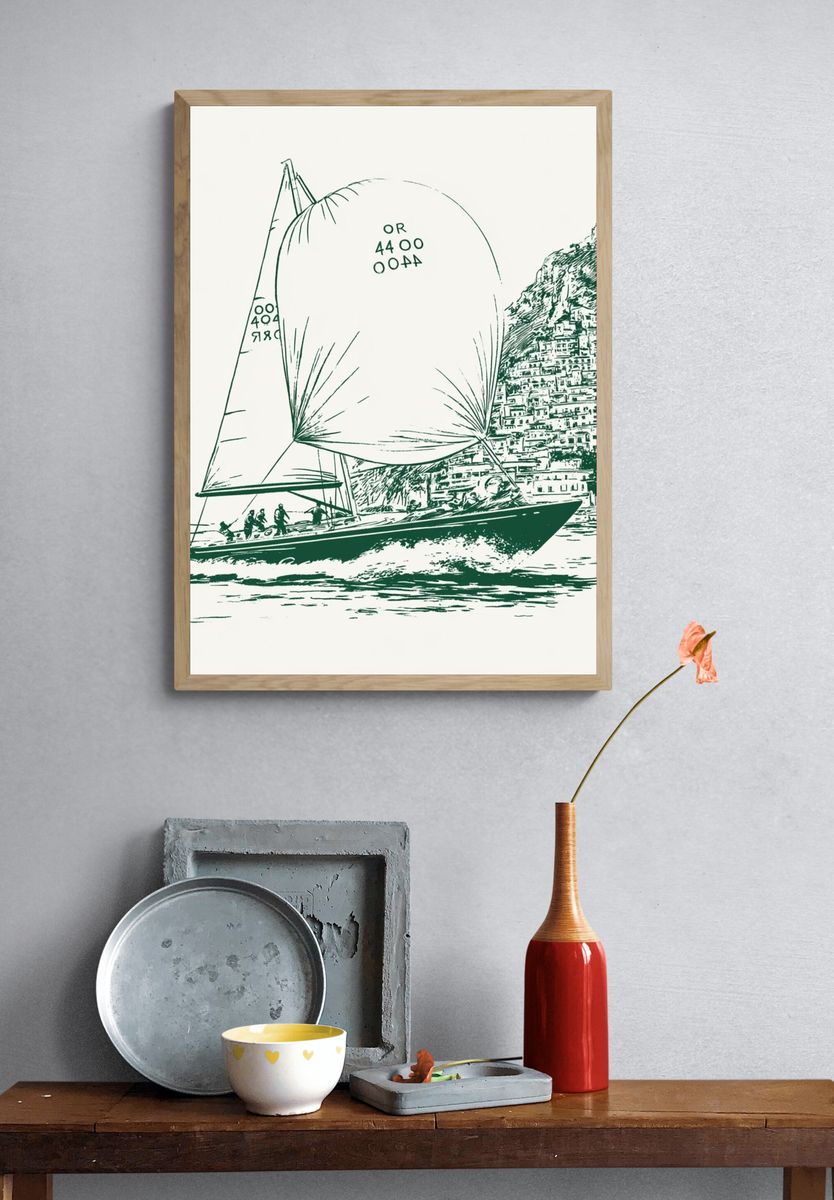 Sailing Yacht Coastal Sketch Poster. — room view 3