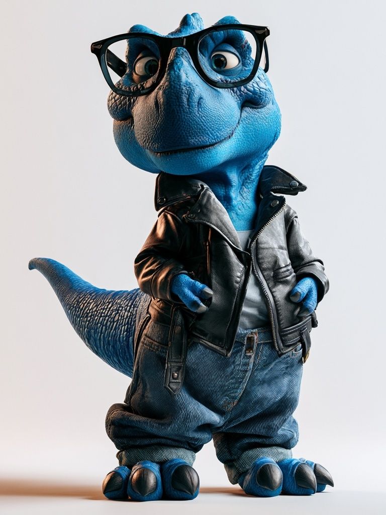 Blue Dino in Leather Jacket Poster. poster detail