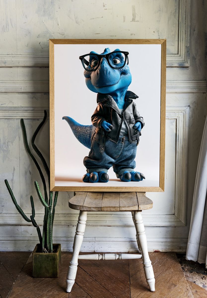 Blue Dino in Leather Jacket Poster. — room view 1