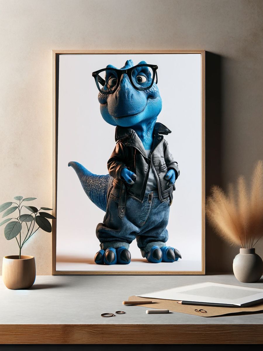 Blue Dino in Leather Jacket Poster. — room view 2