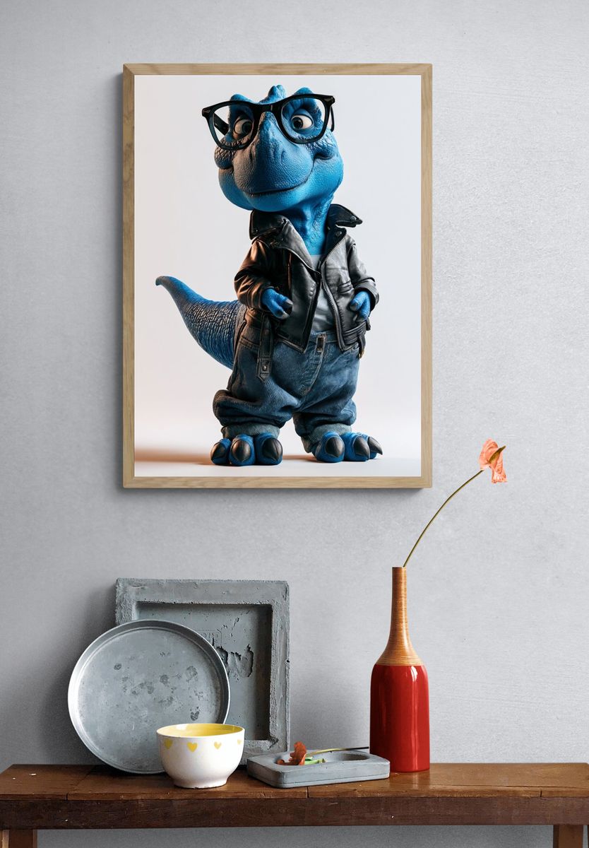Blue Dino in Leather Jacket Poster. — room view 3