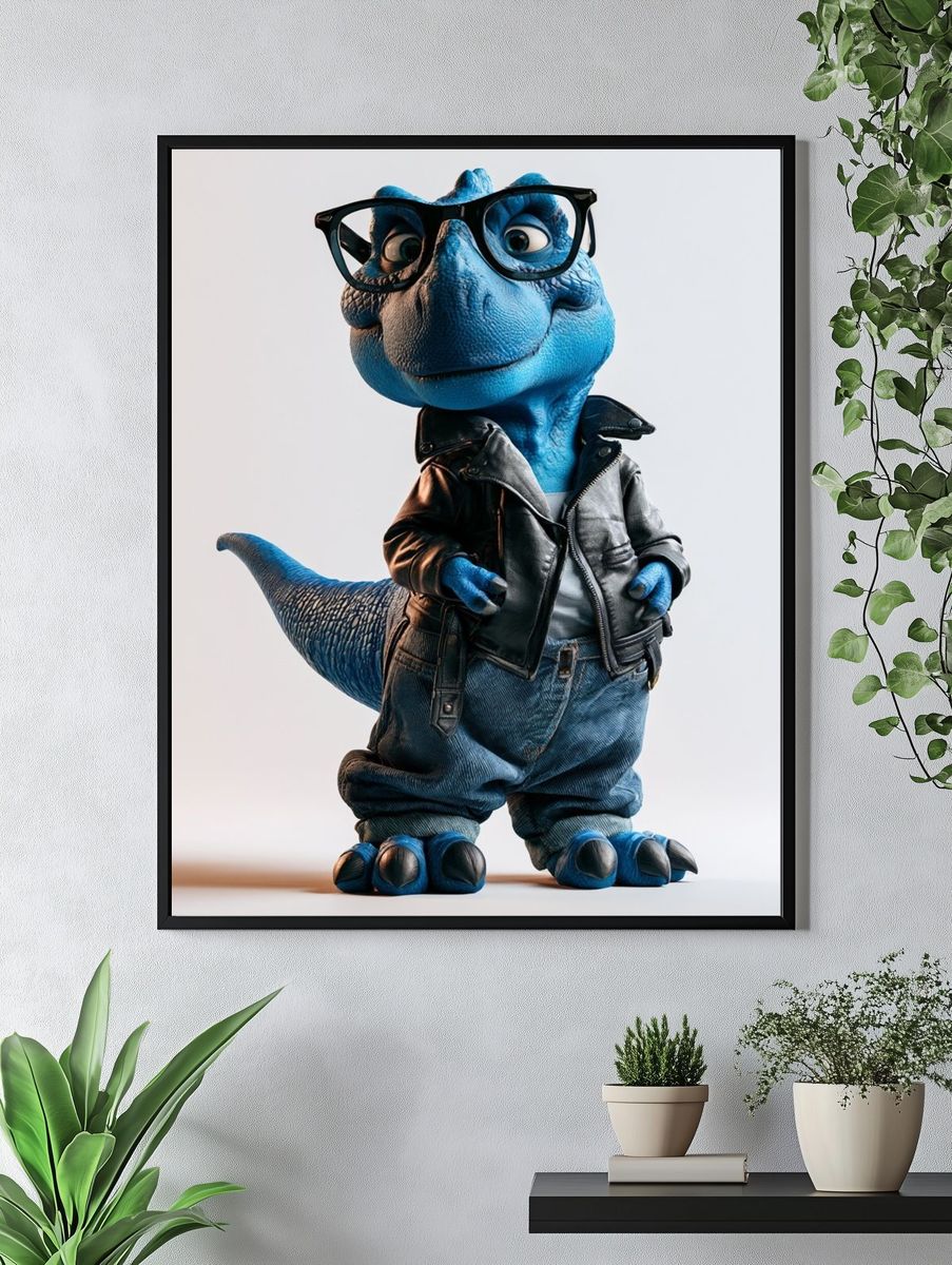 Blue Dino in Leather Jacket Poster. — room view 4