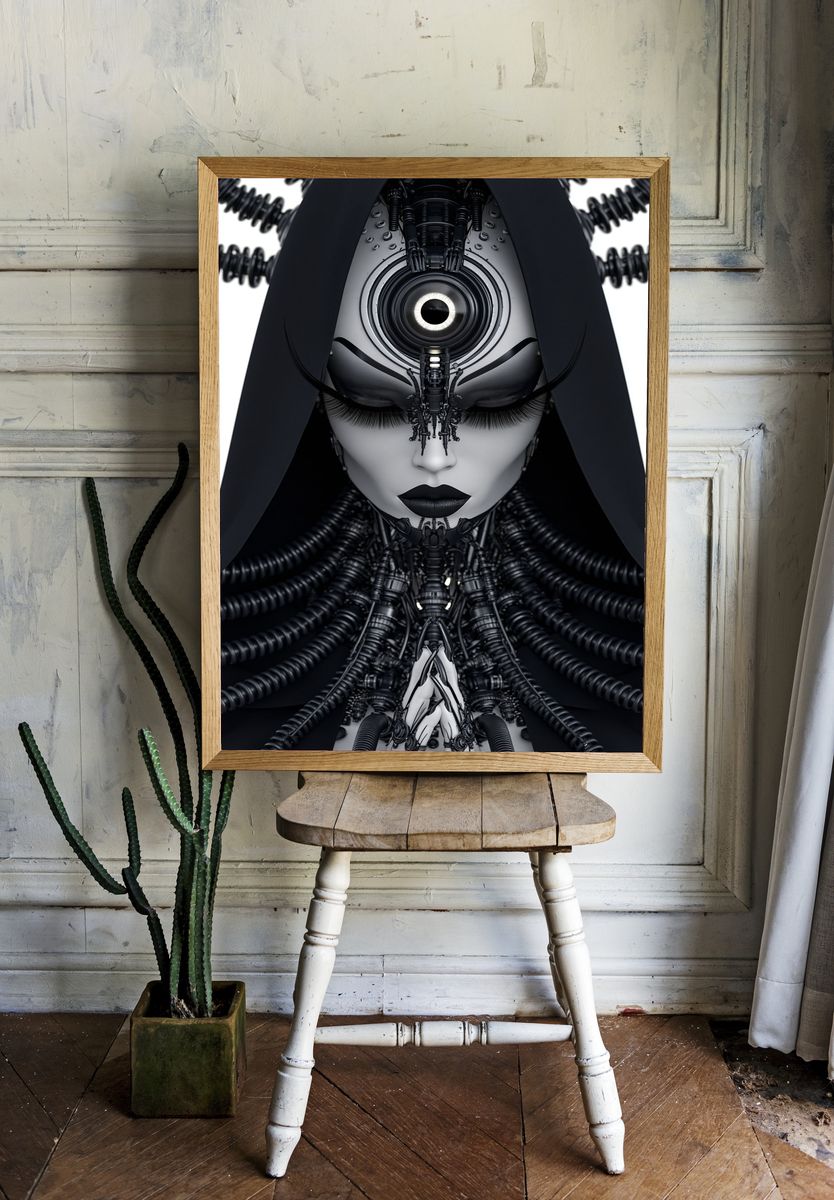 Cybernetic Goddess Portrait Print. room preview