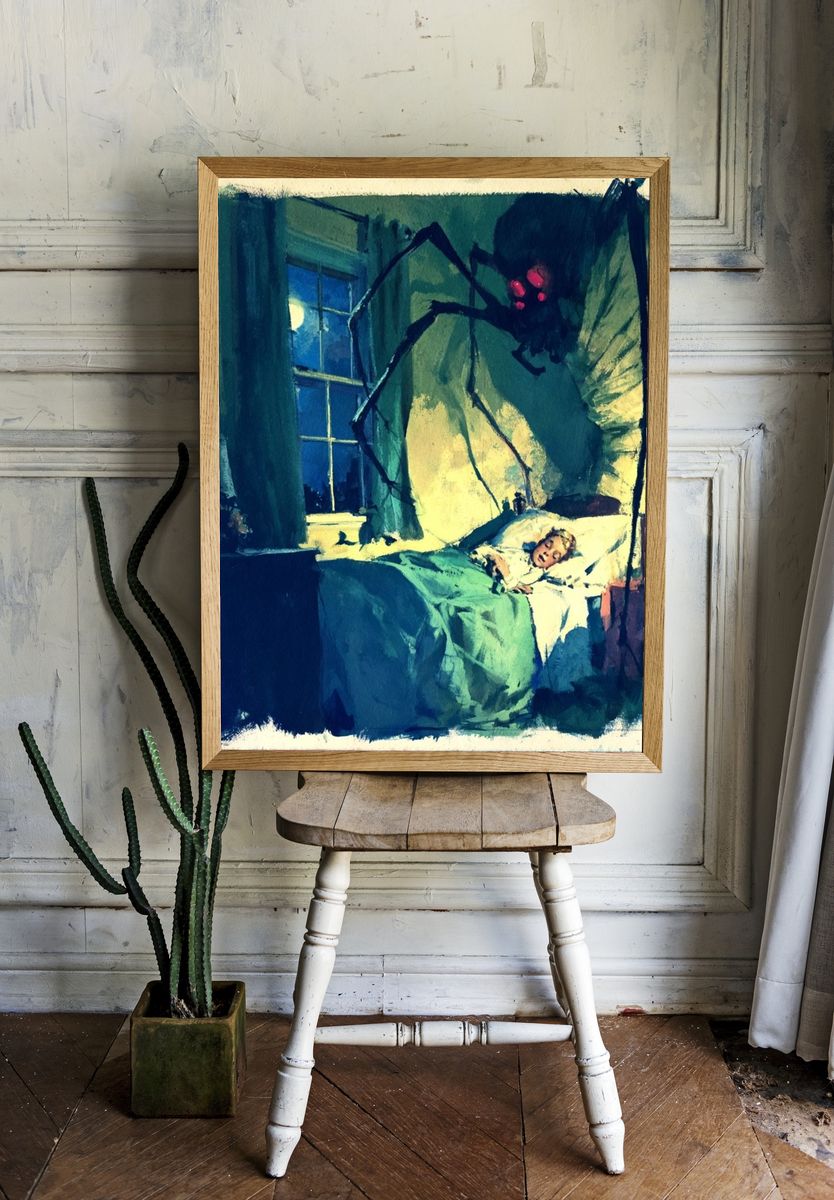 Spider in Bedroom Illustration Poster. — room view 1