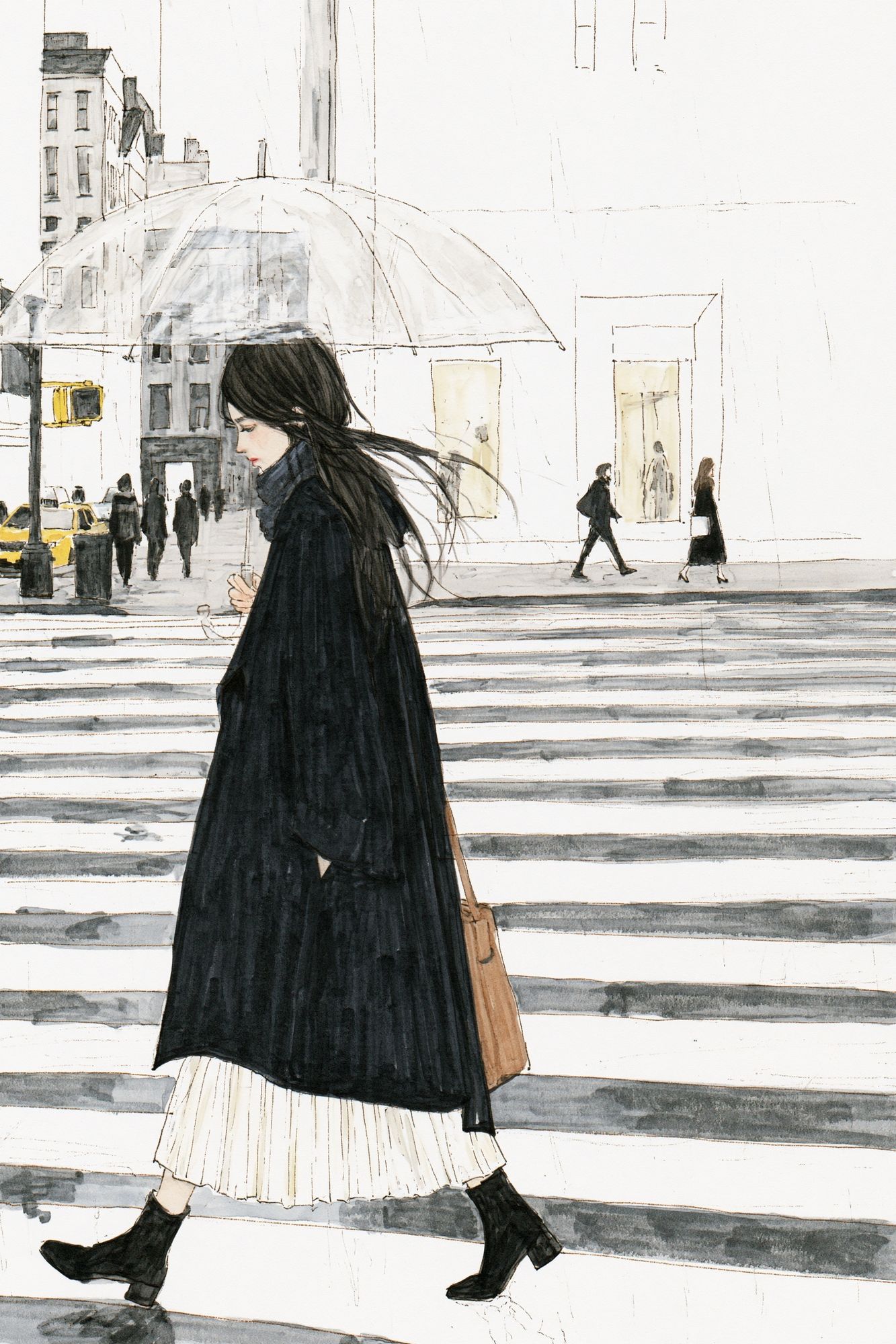 Rainy City Walk Illustration Print. poster detail