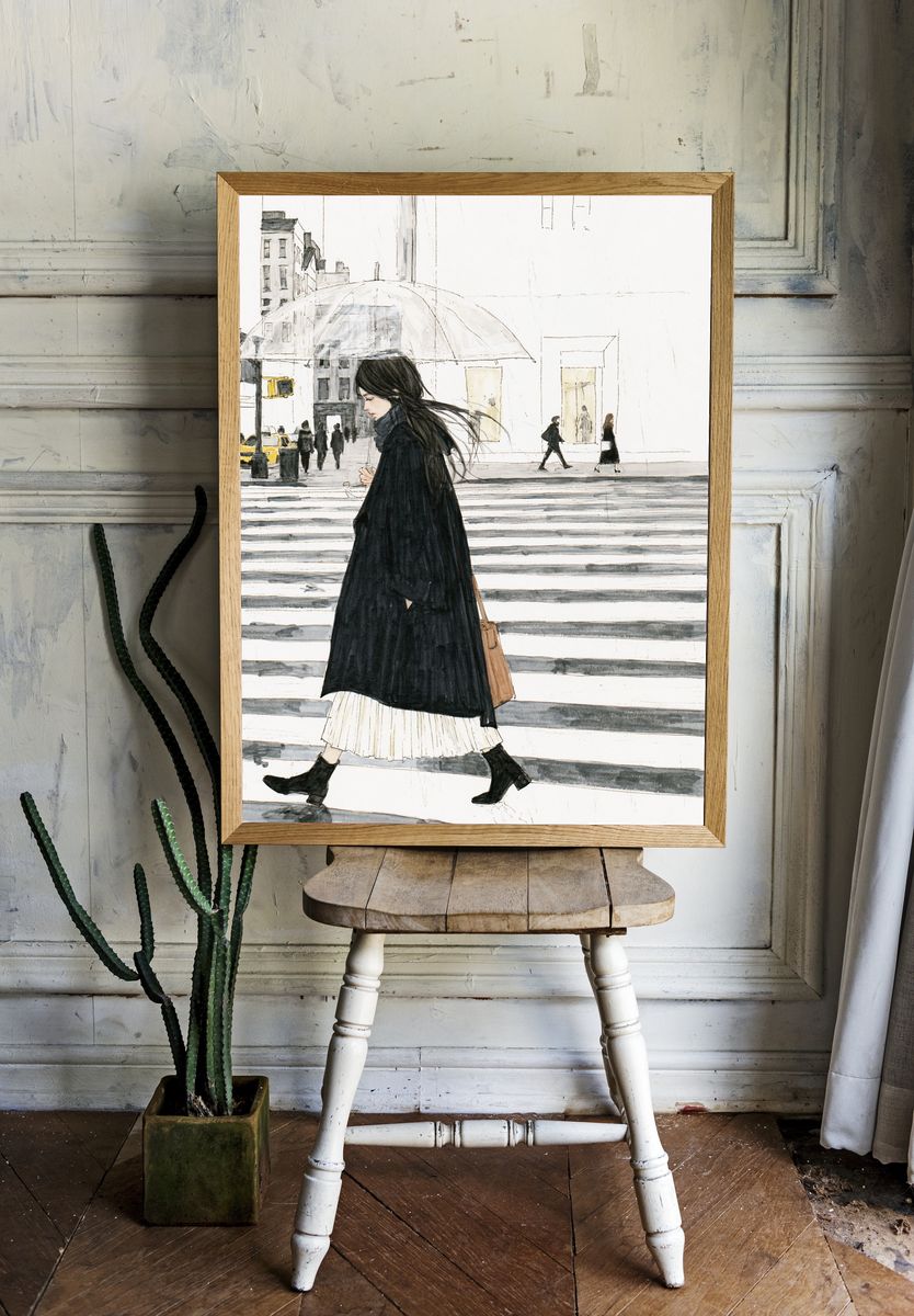 Rainy City Walk Illustration Print. — room view 1