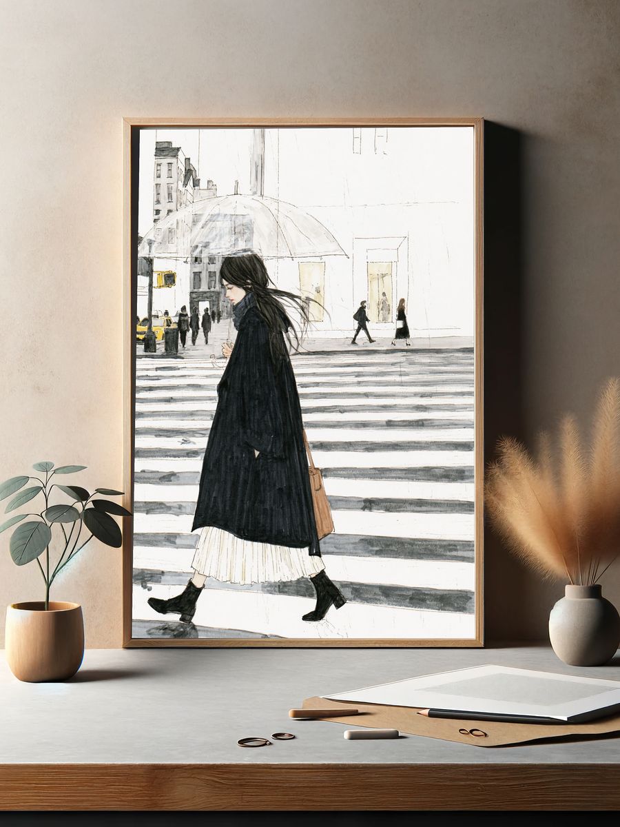 Rainy City Walk Illustration Print. — room view 2