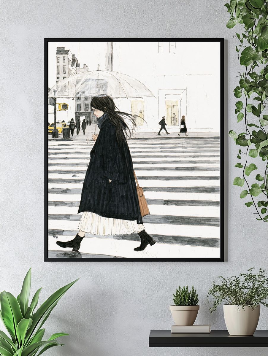 Rainy City Walk Illustration Print. — room view 4