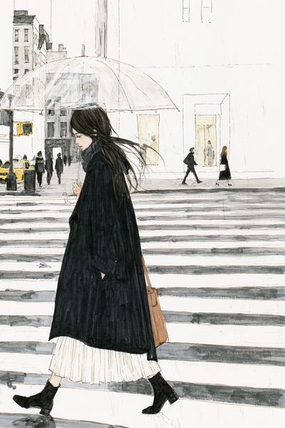 Rainy City Walk Illustration Print. poster