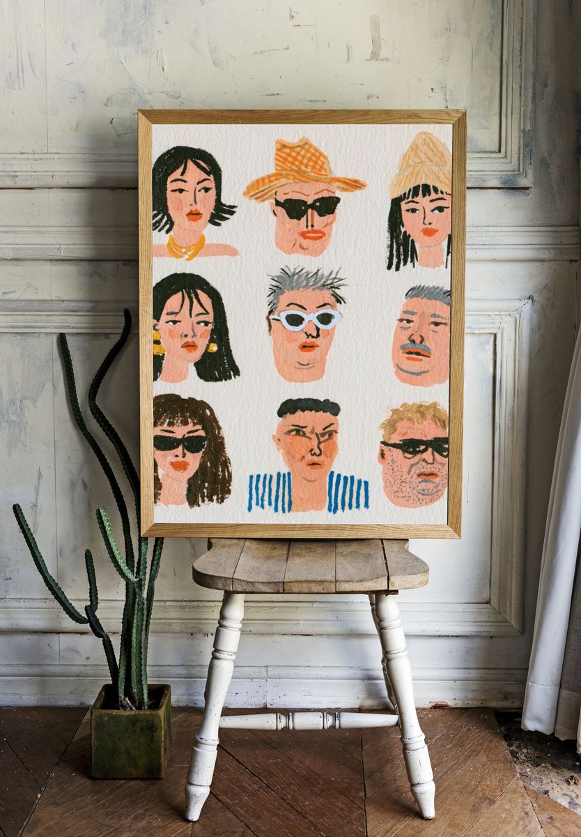 Eclectic Portrait Faces Illustration Poster. room preview