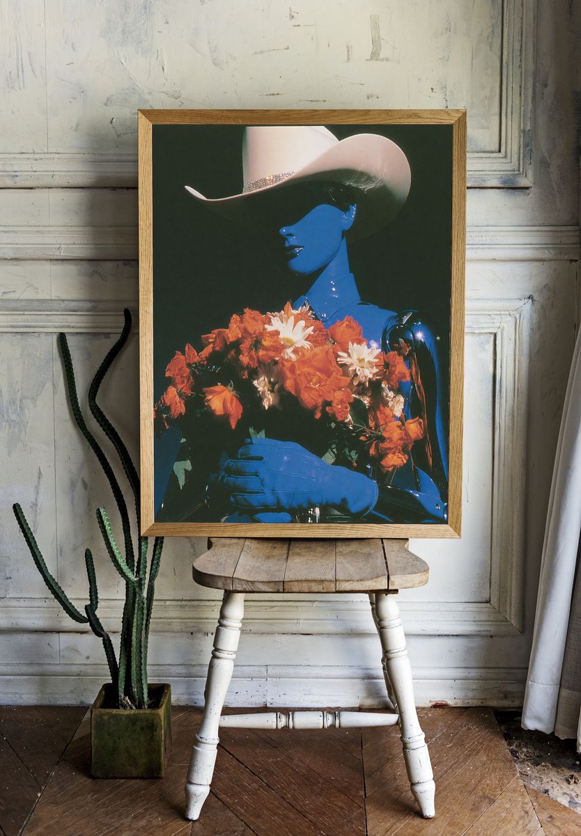 Blue Cowboy with Flowers Print. room preview