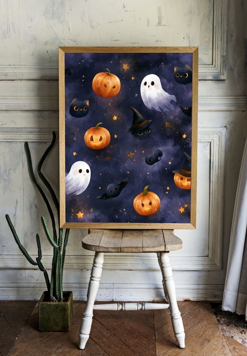 Halloween Cats and Pumpkins Illustration Poster. — room view 1