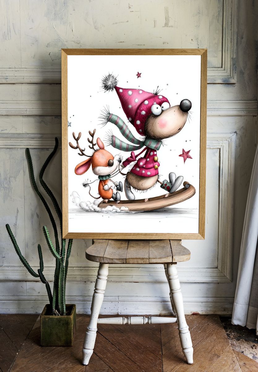 Winter Reindeer and Mouse Illustration Poster. room preview