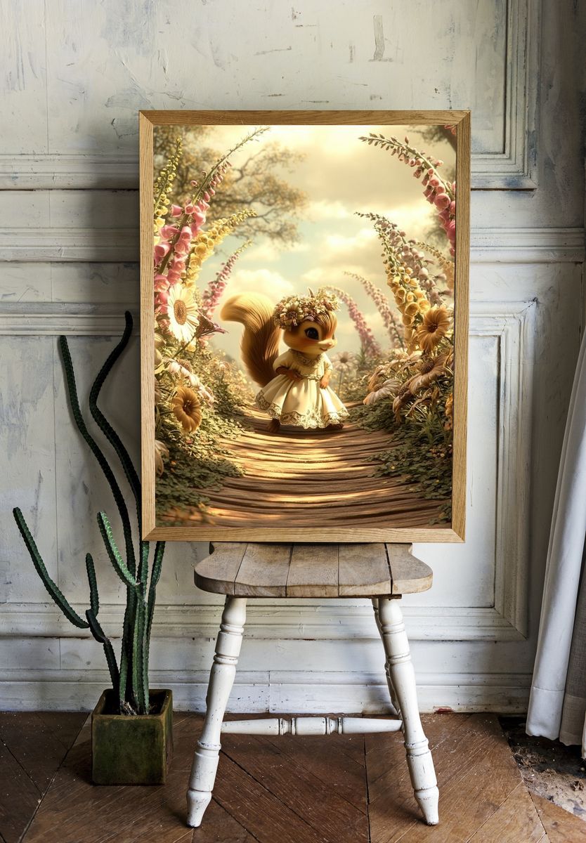 Whimsical Squirrel Garden Print. room preview