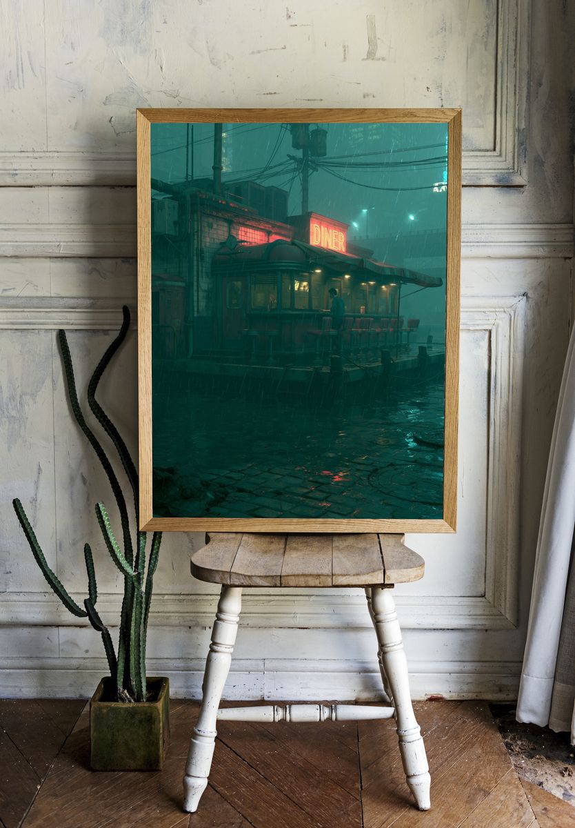 Rainy Neon Diner — Cyberpunk Print. room preview