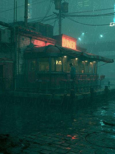 Rainy Neon Diner — Cyberpunk Print. poster print