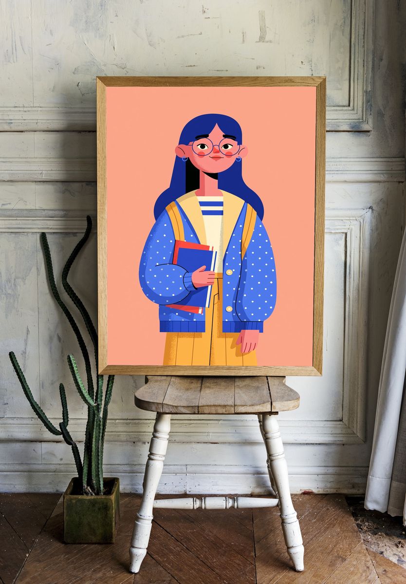 Girl with Books Illustration Poster. — room view 1