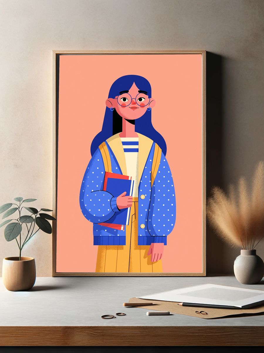 Girl with Books Illustration Poster. — room view 2