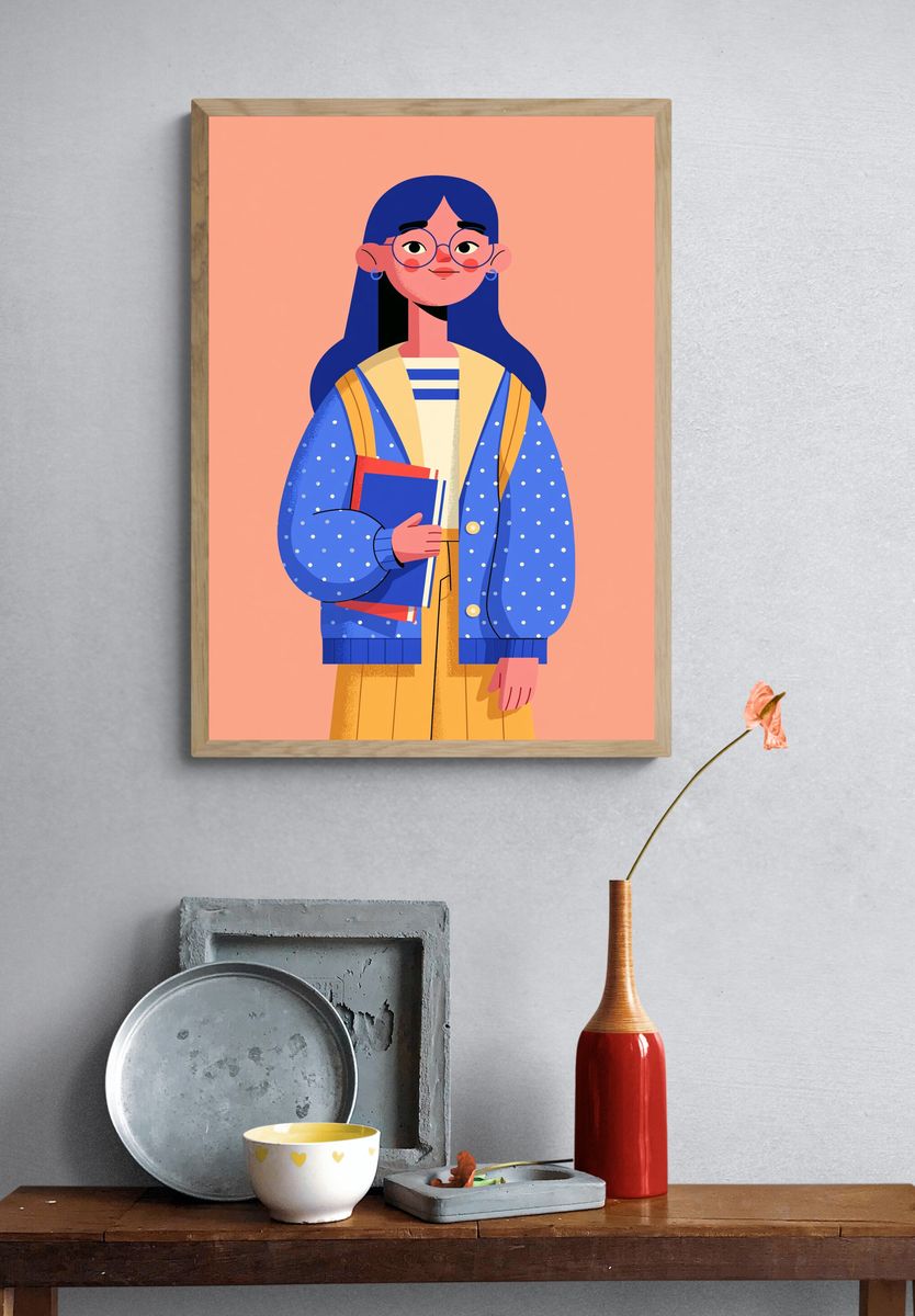 Girl with Books Illustration Poster. — room view 3