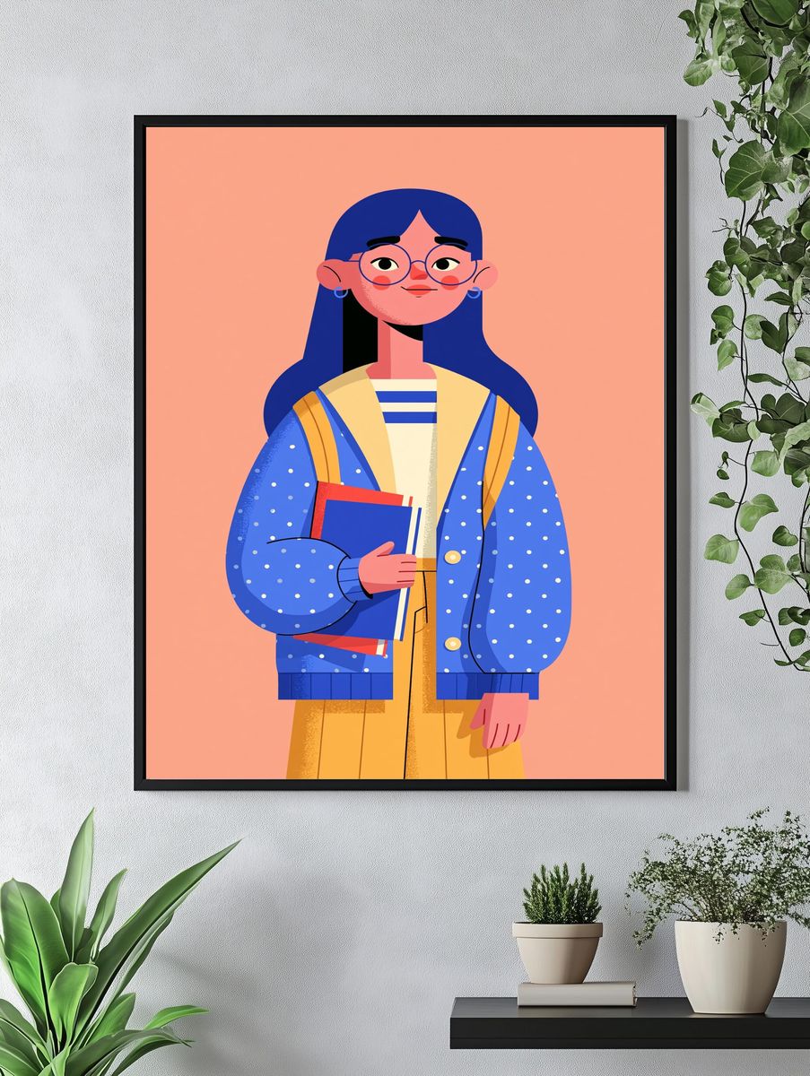 Girl with Books Illustration Poster. — room view 4