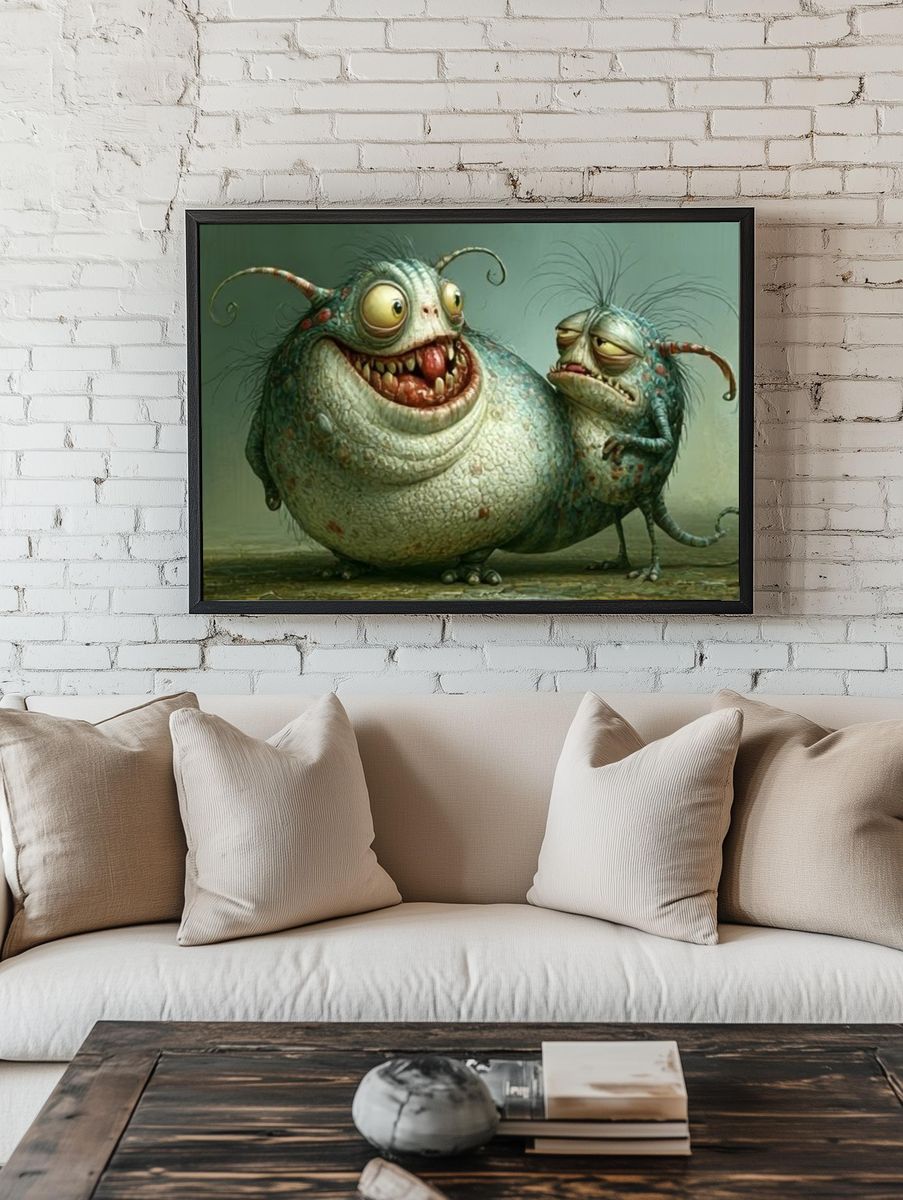 Quirky Monster Duo Illustration Poster. — room view 1