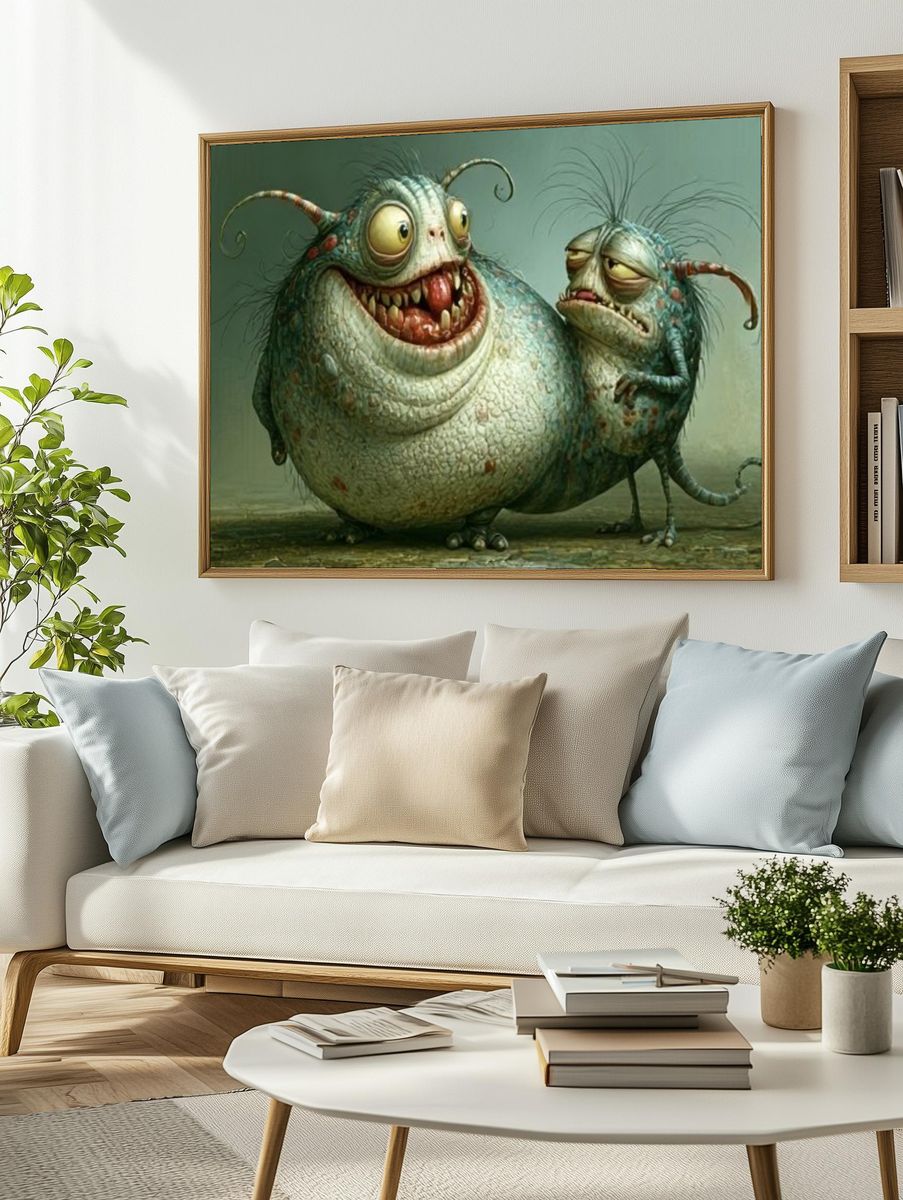 Quirky Monster Duo Illustration Poster. — room view 2