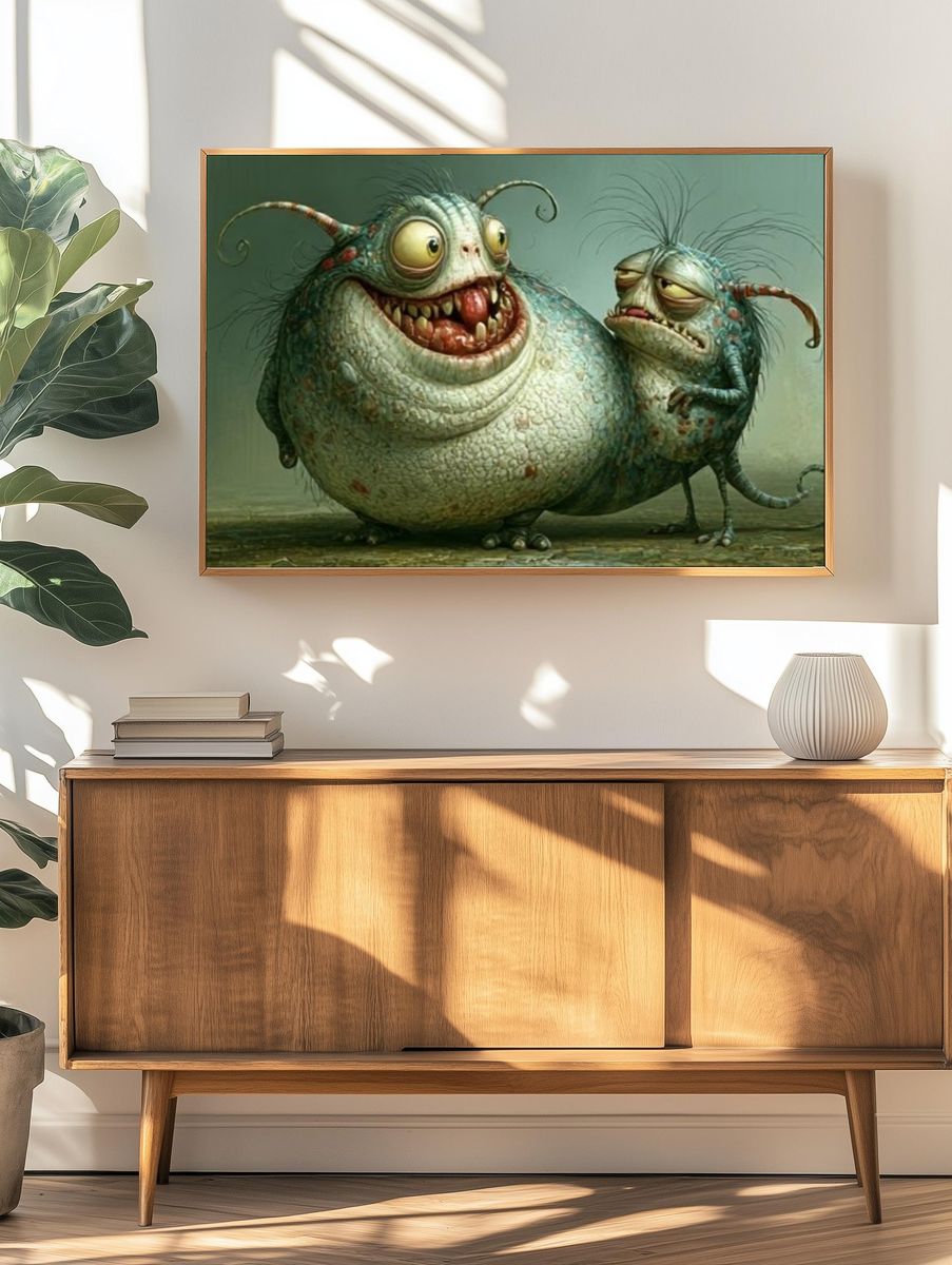 Quirky Monster Duo Illustration Poster. — room view 3